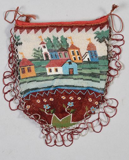 null Pearl knit purse, circa 1830, decorated with a castle in the countryside in...