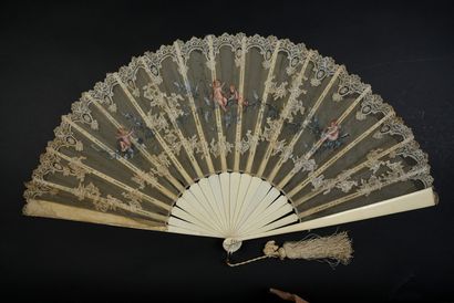 null Two fans, circa 1890 *One, the leaf in beige gauze and bobbin lace painted with...