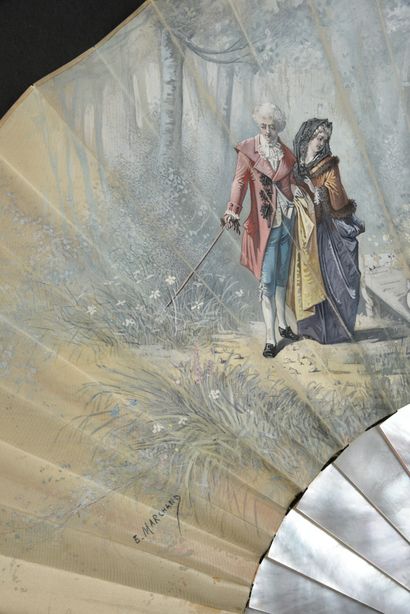 null Promenade galante, ca. 1880
Folded fan, the cream satin leaf painted of a couple...