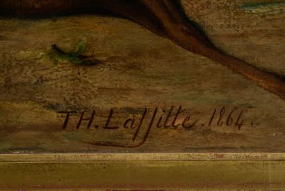 Théodore LAFFITTE (1816-1875) Le retour de chasse.
Huile sur toile, signée en bas...