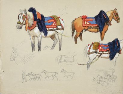 Georges Frédéric ROTIG (1873 - 1961) Study of horses. 
 Pencil and watercolor gouache,...