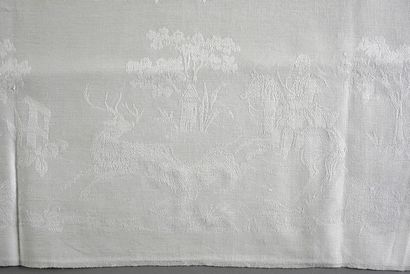null Damask hunting service, stag's hallali, tablecloth and eighteen napkins, 2nd...
