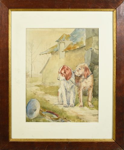 ECOLE FRANÇAISE fin XIXe - début XXe siècle Two griffon dogs
Watercolor 44 x 34 cm
Attached...