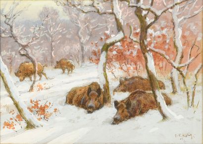 Georges Frédéric ROTIG (1873-1961) Horde of wild boars in the snow.
Foxes on the...