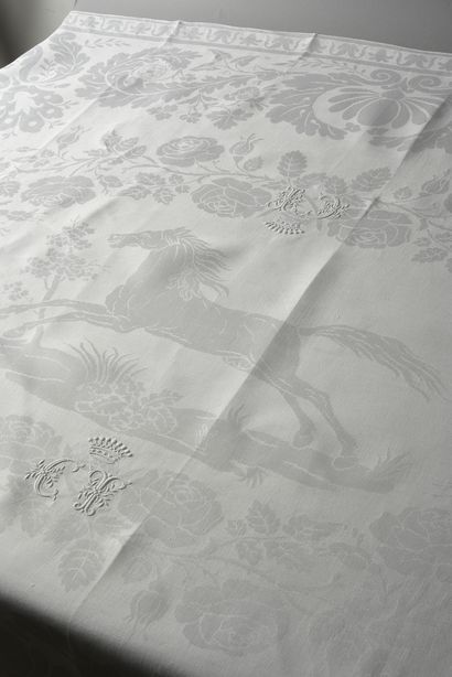 Two tablecloths, damask with horses, county...
