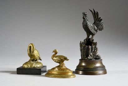 lot of three miniature bronzes: Rooster on...