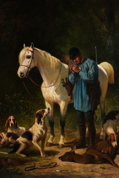 Théodore LAFFITTE (1816-1875) Le retour de chasse.
Huile sur toile, signée en bas...