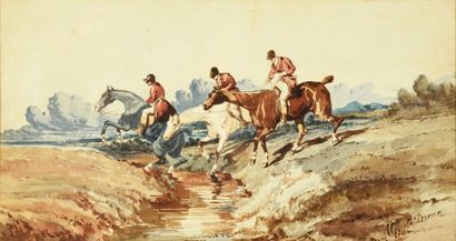 D'après Alfred de DREUX The ford crossing.
Watercolor on paper representing three...