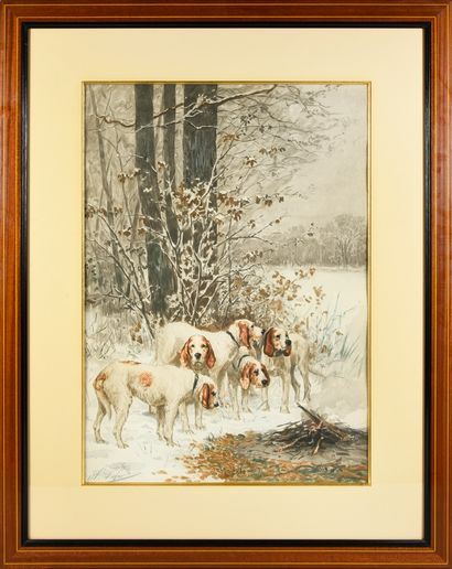 Olivier de PENNE (1831 - 1897) d'après. Relay of dogs in the snow, Relay of dogs...