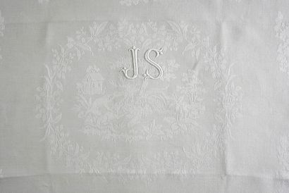 null Damask hunting service, stag's hallali, tablecloth and eighteen napkins, 2nd...