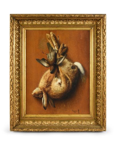 Arsène SYMPHORIEN SAUVAGE Trompe l'oeil à la nature morte au lièvre sur un fond de...