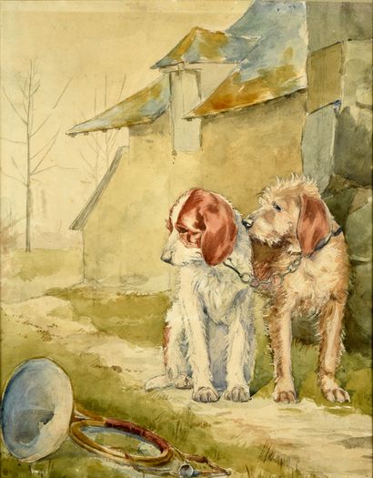 ECOLE FRANÇAISE fin XIXe - début XXe siècle Two griffon dogs
Watercolor 44 x 34 cm
Attached...