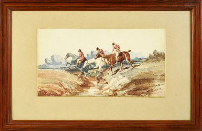 D'après Alfred de DREUX The ford crossing.
Watercolor on paper representing three...