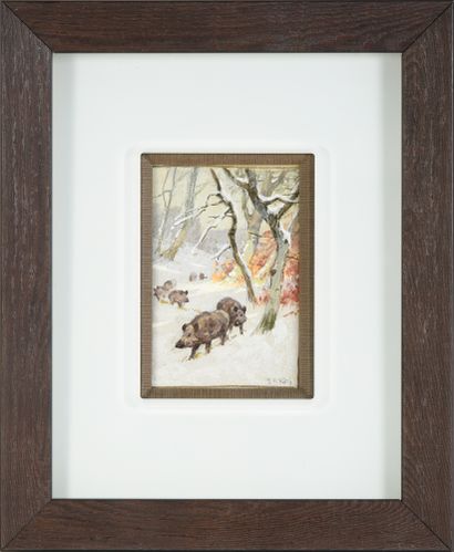 Georges Frédéric ROTIG (1873 - 1961) Boars in the snow.
Watercolor gouache, signed...
