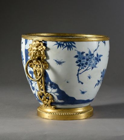 null China porcelain cover pot with white and blue decoration of flowered branches...