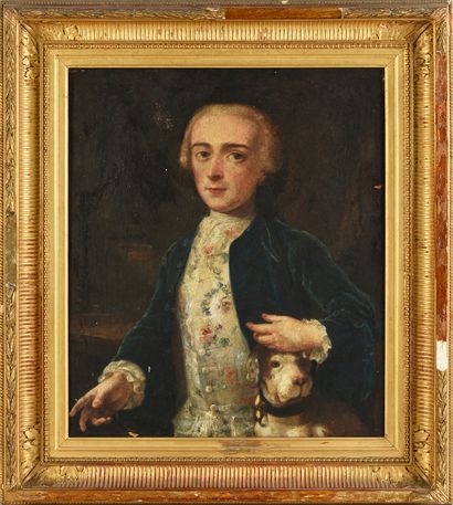 École FRANÇAISE du XVIIIe siècle Portrait d'homme au chien.
Toile (accidents)
45...