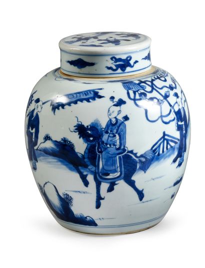 CHINE XIXe Porcelain ginger pot decorated in blue underglaze with children on terraces...