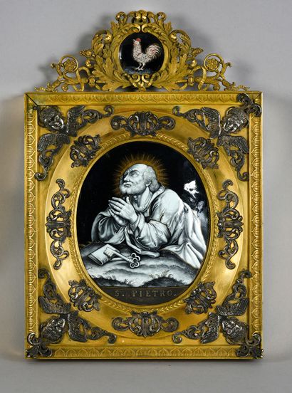 Limoges, Jacques II Laudin, fin du XVIIe siècle Plaque de bénitier en émail peint...