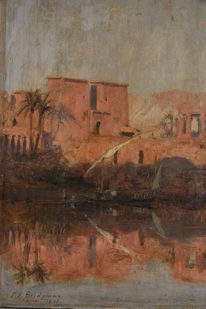 Frédéric Arthur BRIDGMAN (1847-1928) Lever de lune sur le Temple d'Isis à Philæ (Haute-Egypte),...