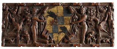 Hainaut ou Artois, XVIe siècle Deux panneaux en chêne sculpté en fort relief et polychromé...