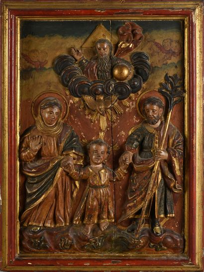 ESPAGNE, XVIIe siècle Walnut panel carved in high relief, polychromed and gilded...