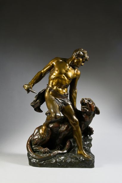 Henri Désiré GAUQUIÉ (1858-1927) A man striking down a lioness
Proof in bronze with...