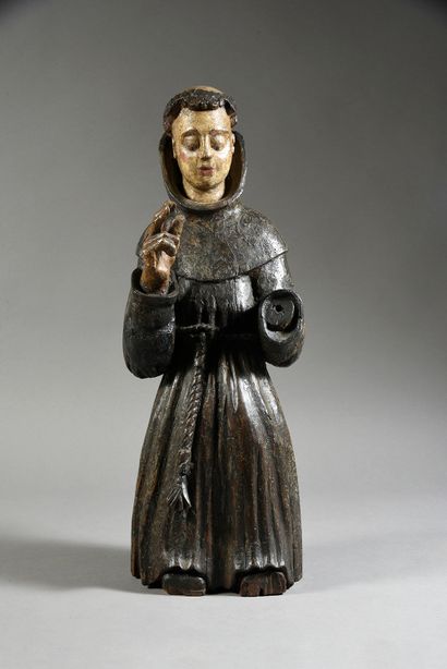 Indo-portugais, fin du XVIIe siècle Saint Antoine de Padoue en bois sculpté et polychromé.
Bure...