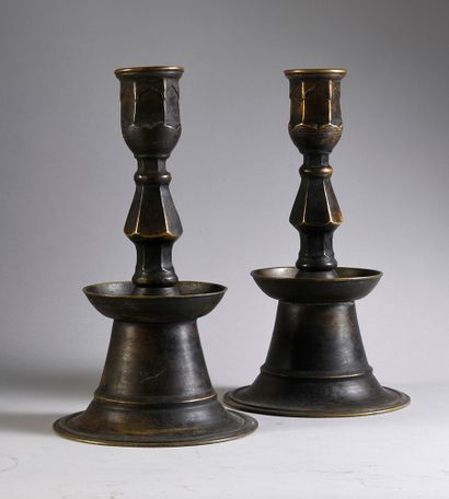 null Important pair of early 19th century Mamluk style gilt bronze mosque candlesticks...