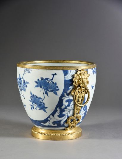 null China porcelain cover pot with white and blue decoration of flowered branches...
