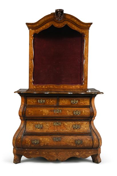 null A piece of furniture with two bodies forming a display case decorated with marquetry...