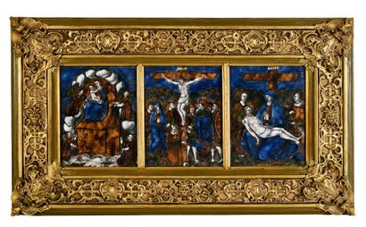 Limoges, milieu du XVIe siècle Set of three polychrome enamelled copper plates with...