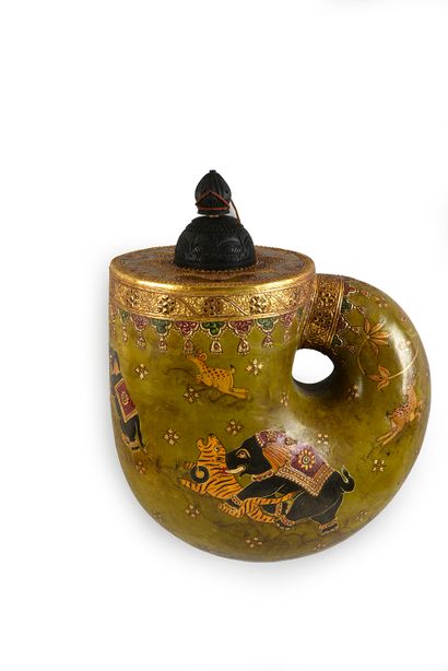 null Monumental Indian powder flask carved in wood in the shape of a nautilus painted...