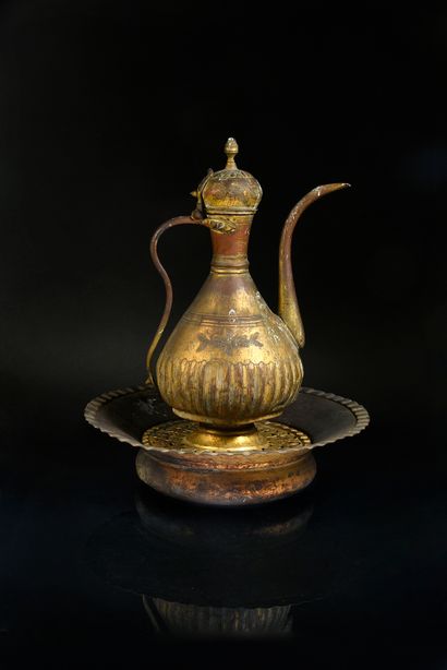 TOMBAK Ewer, its basin and soap holder in gilded copper with mercury called tombak....