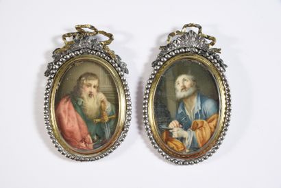 École ROMAINE du XVIIIe siècle Saint Pierre et Saint Paul.
Paire de miniatures ovales...