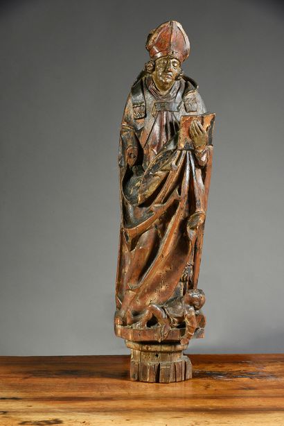 Allemagne du sud, vers 1520 Saint Bishop in sculpted and polychromed limewood, hollowed...