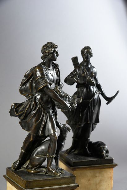 null Diana and Calydon
Pair of chased bronze groups with shaded brown patina, representing...