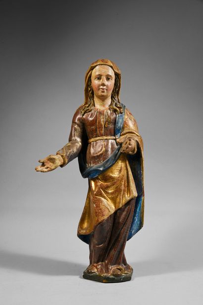 Allemagne, Rhin moyen, fin du XVe siècle Sainte femme en bois sculpté, polychromé...