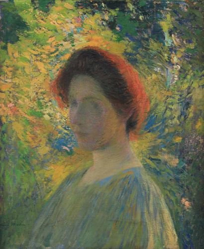 Henri MARTIN (1860-1943) Jeune fille sous les ombrages
Huile sur toile.
Signée en...
