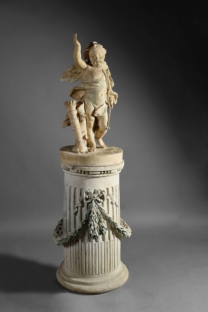 null Half column in carved stone, the fluted shaft decorated with a garland of olive...