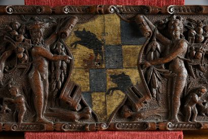Hainaut ou Artois, XVIe siècle Two oak panels carved in high relief and polychromed...