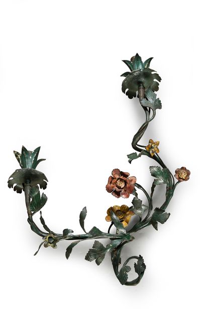 null Pair of sconces in lacquered sheet metal with two arms of lights with leaves...