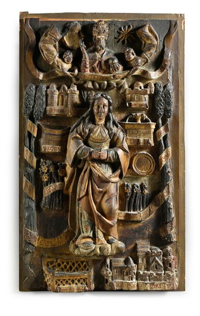 ESPAGNE, XVIIe siècle Walnut panel carved in high relief, polychromed and gilded,...