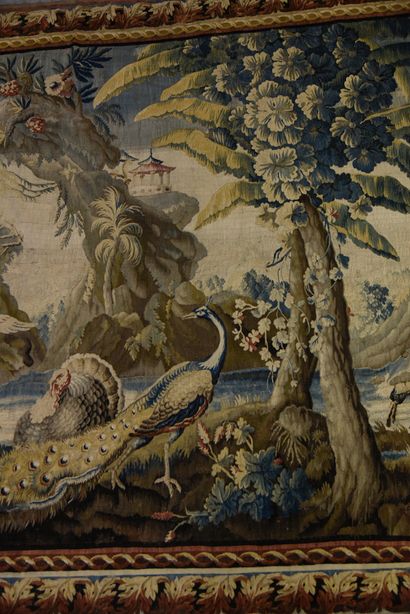 AUBUSSON Chinese landscape animated with birds such as peacock, turkey, spoonbill,...