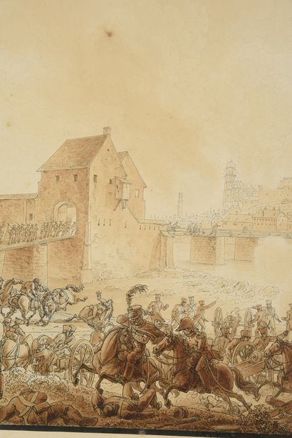 Benjamin Zix (1772-1811) et Constant Bourgeois ( 1767-1841) La bataille d'Ebersberg.
Encre...