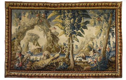 AUBUSSON Chinese landscape animated with birds such as peacock, turkey, spoonbill,...