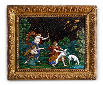 null Polychrome painted enamel plate, enamels on silver flakes and gold highlights...