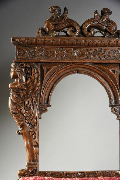 Italie ?, vers 1580 Rare carved walnut chair. Rich decoration of friezes of interlacing...