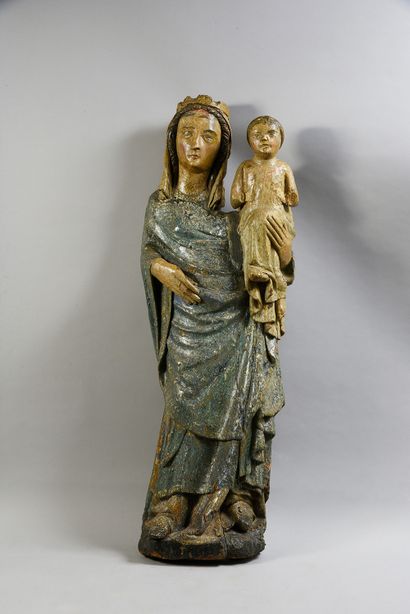 École française, XIVe siècle Vierge à l'Enfant en bois sculpté et polychromé, dos...