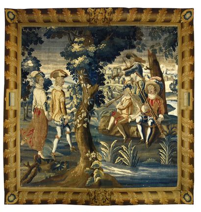 MORTLAKE 
The concertFine tapestry panel in wool and silk.
(retrayages, borders partially...
