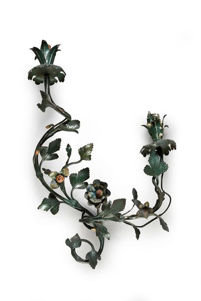 null Pair of sconces in lacquered sheet metal with two arms of lights with leaves...